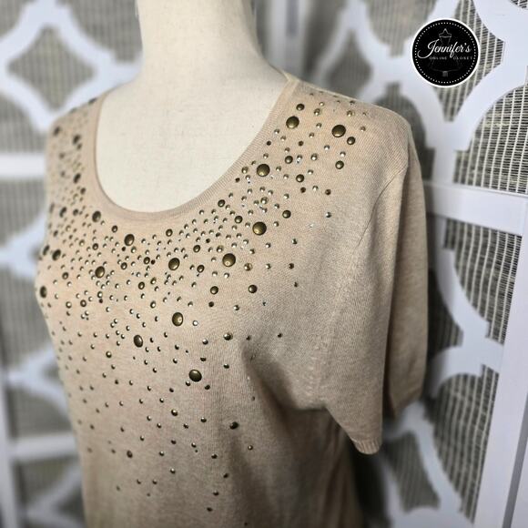 Adrienne Vittadini Tan Silk Blend Gold Studded Short Sleeve Sweater Size L - Picture 2 of 10